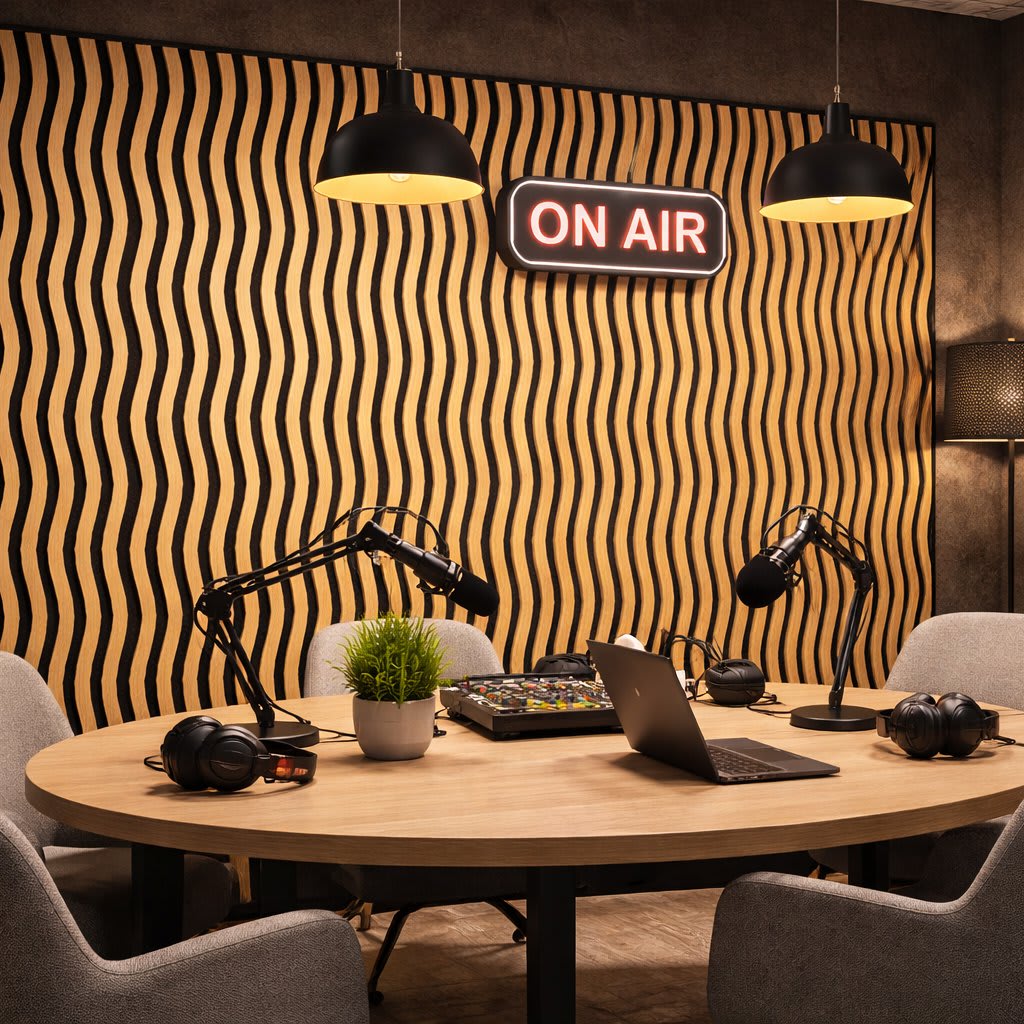 A cozy and modern podcast studio featuring wavy white oak acoustic panels, a neon sign that reads “On Air,” adjustable microphones, headphones, and a mixing console set on a round wooden table: perfect for interviews, live broadcasts, and creative audio production.