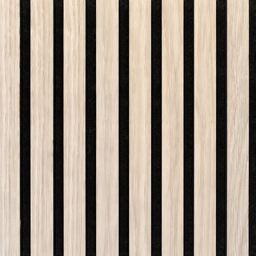 natural oak veneer slatted acoustic wall panels with black fabric inlay strips, offering modern minimalist texture and warm natural tones for interiors, studios, offices, and architectural visualization.