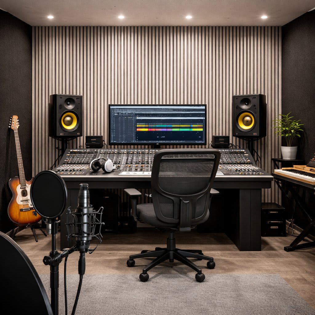 A modern home recording studio equipped with walnut veneer acoustic panels, a large mixing console, studio monitors, a condenser microphone, an acoustic guitar, and a computer screen displaying a DAW timeline—ideal for music production and mixing.