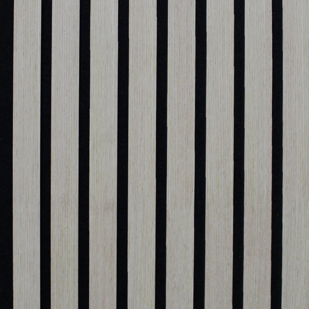 acoustic white oak veneer slatted panel featuring narrow black grooves and repeating vertical stripes. Close-up abstract texture ideal for modern backgrounds, architectural detail, interior design and pattern concepts.