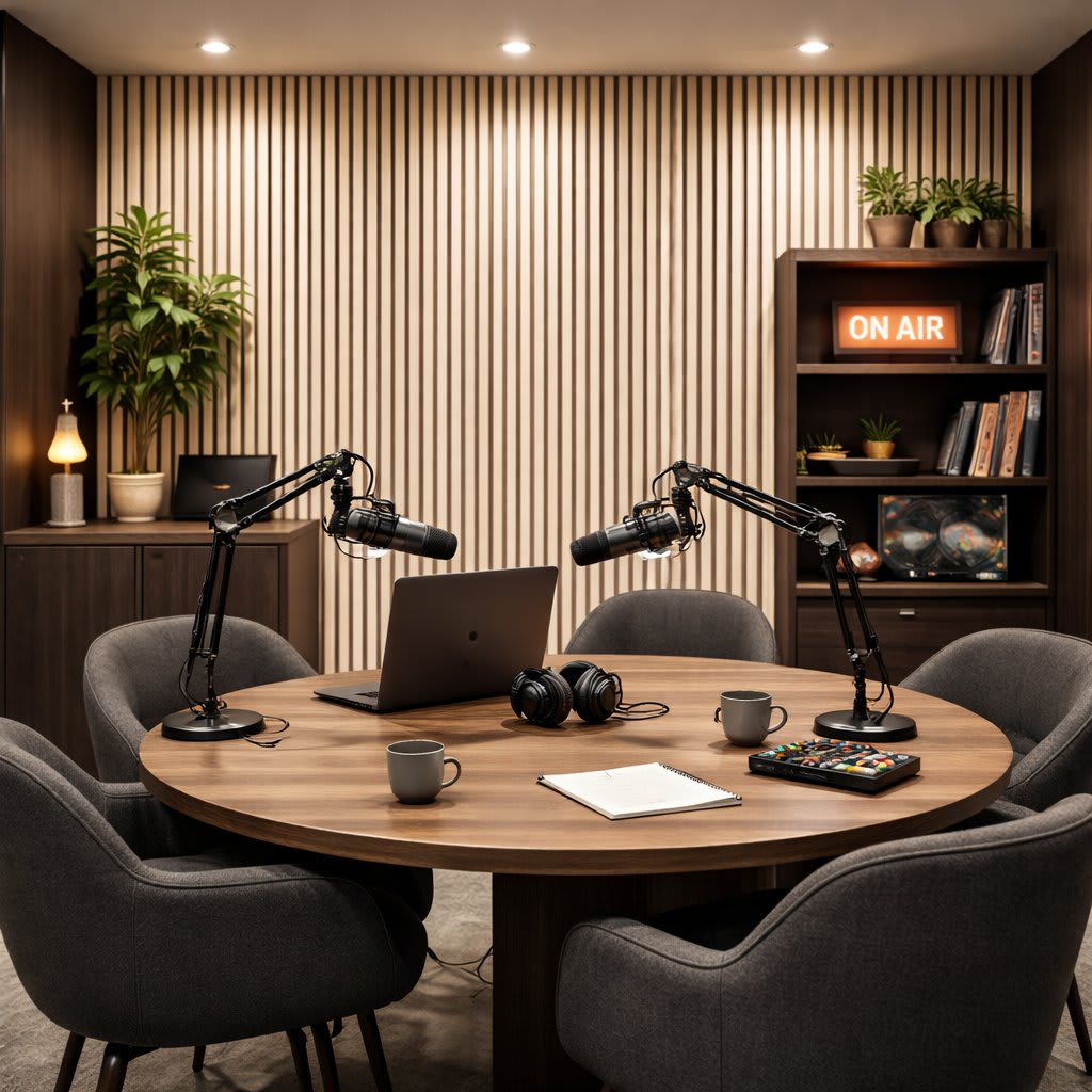 Warm, professional podcast studio set with a round wooden table, featuring white oak veneer acoustic wall panels, adjustable microphones, laptop and headphones ready for a group interview or broadcast conversation in a cozy, modern space.