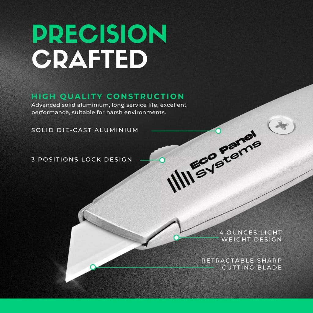 Sleek aluminum utility knife showcasing precision-crafted die-cast construction, retractable sharp blade and ergonomic lightweight design for packaging, crafting, workshop and industrial cutting tasks.