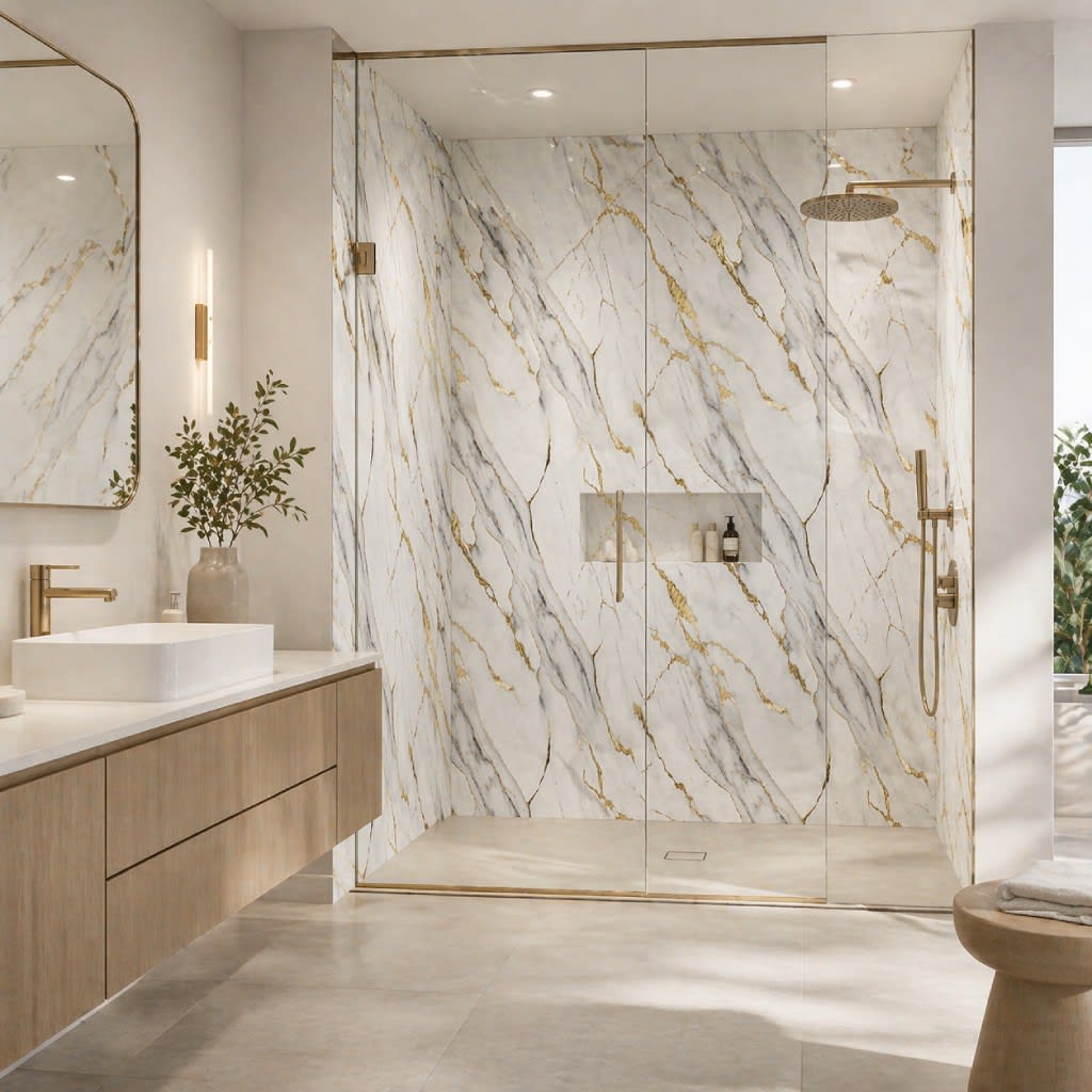 Upgrade your space with our Luxe Gold Vein Marble PVC Wall Panels. They're waterproof, fire-resistant, and stylish, making them perfect for homes, offices, and other indoor spaces. Get the look of natural marble without the high cost and maintenance. Example of the product being used in the shower