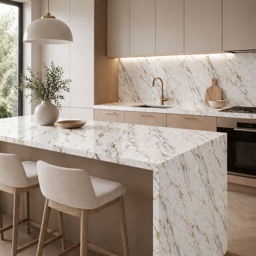 Upgrade your space with our Luxe Gold Vein Marble PVC Wall Panels. They're waterproof, fire-resistant, and stylish, making them perfect for homes, offices, and other indoor spaces. Get the look of natural marble without the high cost and maintenance. Example of the product being used in the kitchen