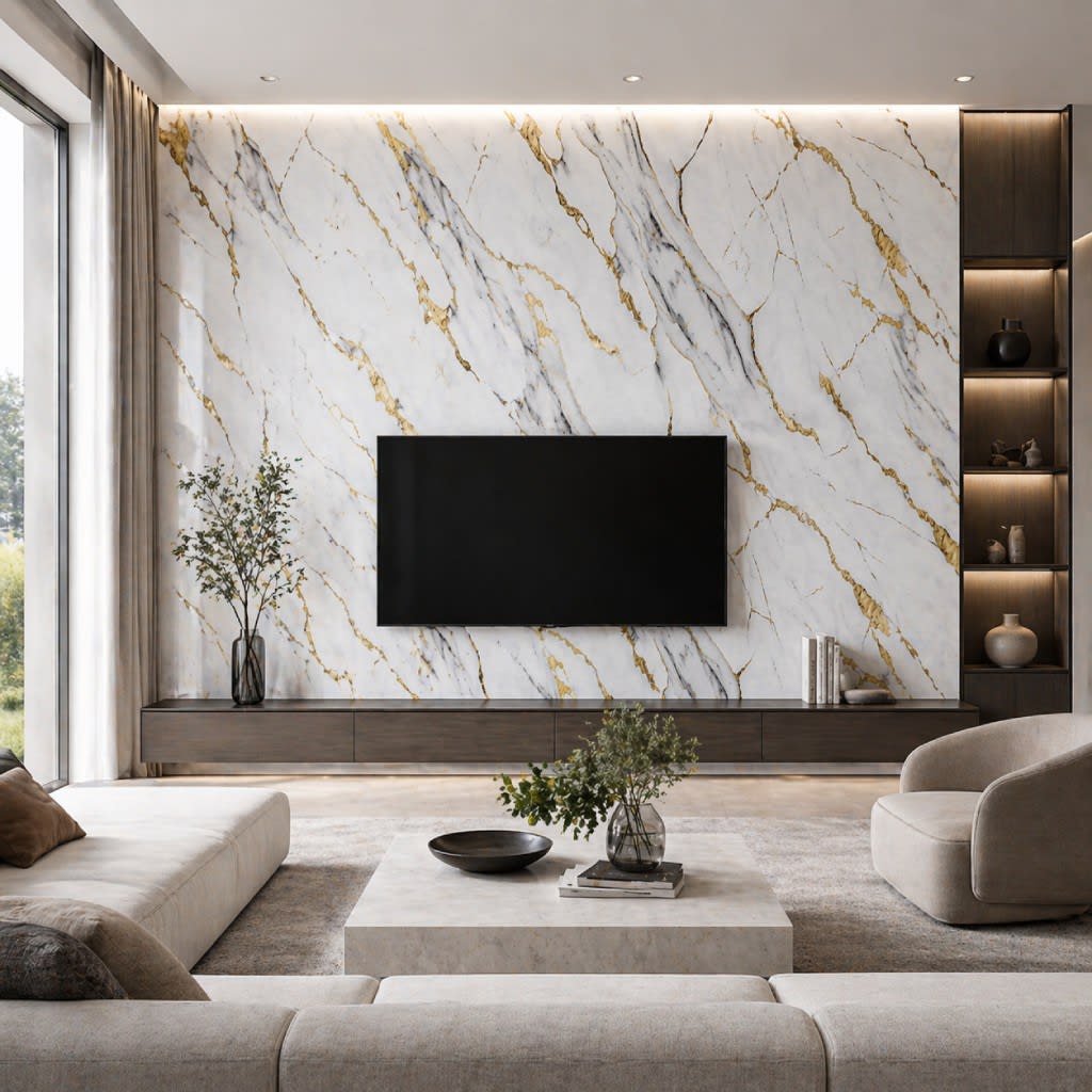 Upgrade your space with our Luxe Gold Vein Marble PVC Wall Panels. They're waterproof, fire-resistant, and stylish, making them perfect for homes, offices, and other indoor spaces. Get the look of natural marble without the high cost and maintenance. Example of the product being used in the living room