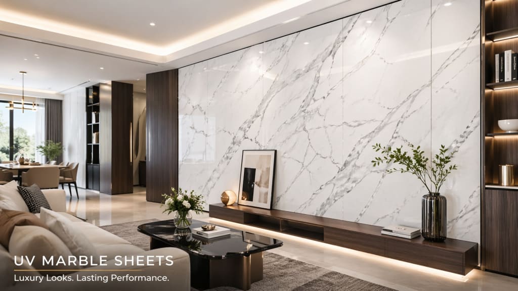 Modern living room with a glossy white UV marble sheets feature wall and elegant contemporary interior design.