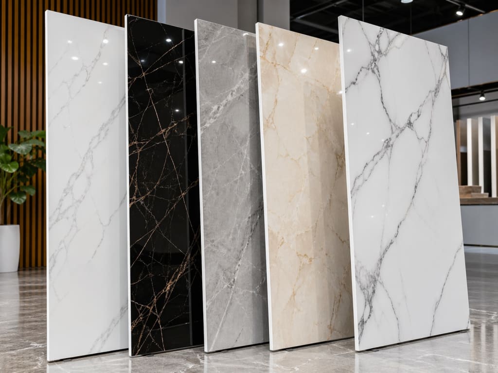 Display of UV marble sheet panels in multiple marble-look finishes, including white, black, gray, and beige.