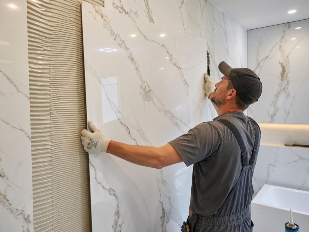 Professional installer mounting a glossy white UV marble sheet panel on an interior wall.