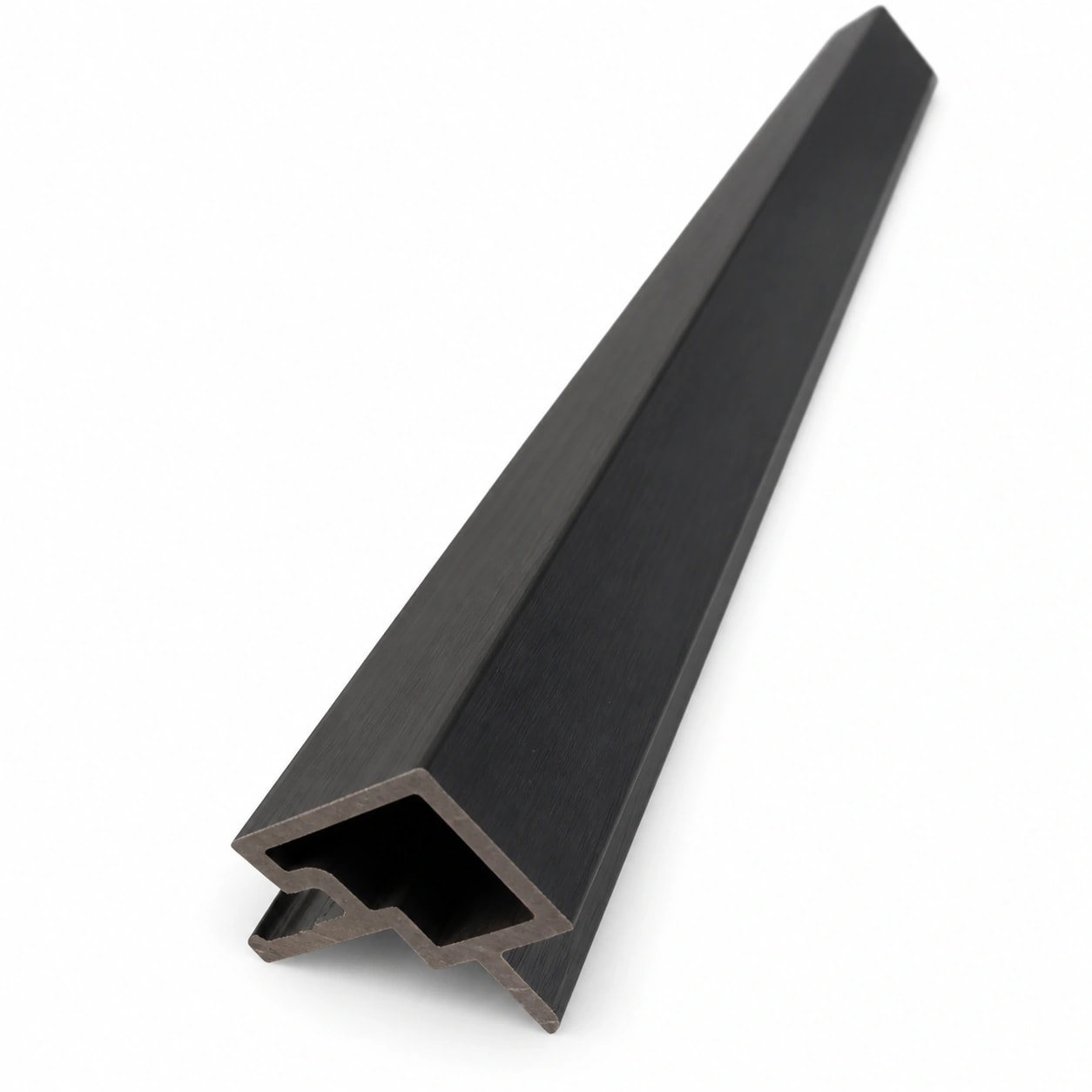 Black WPC outside corner trim with a black 3D wood-grain surface
