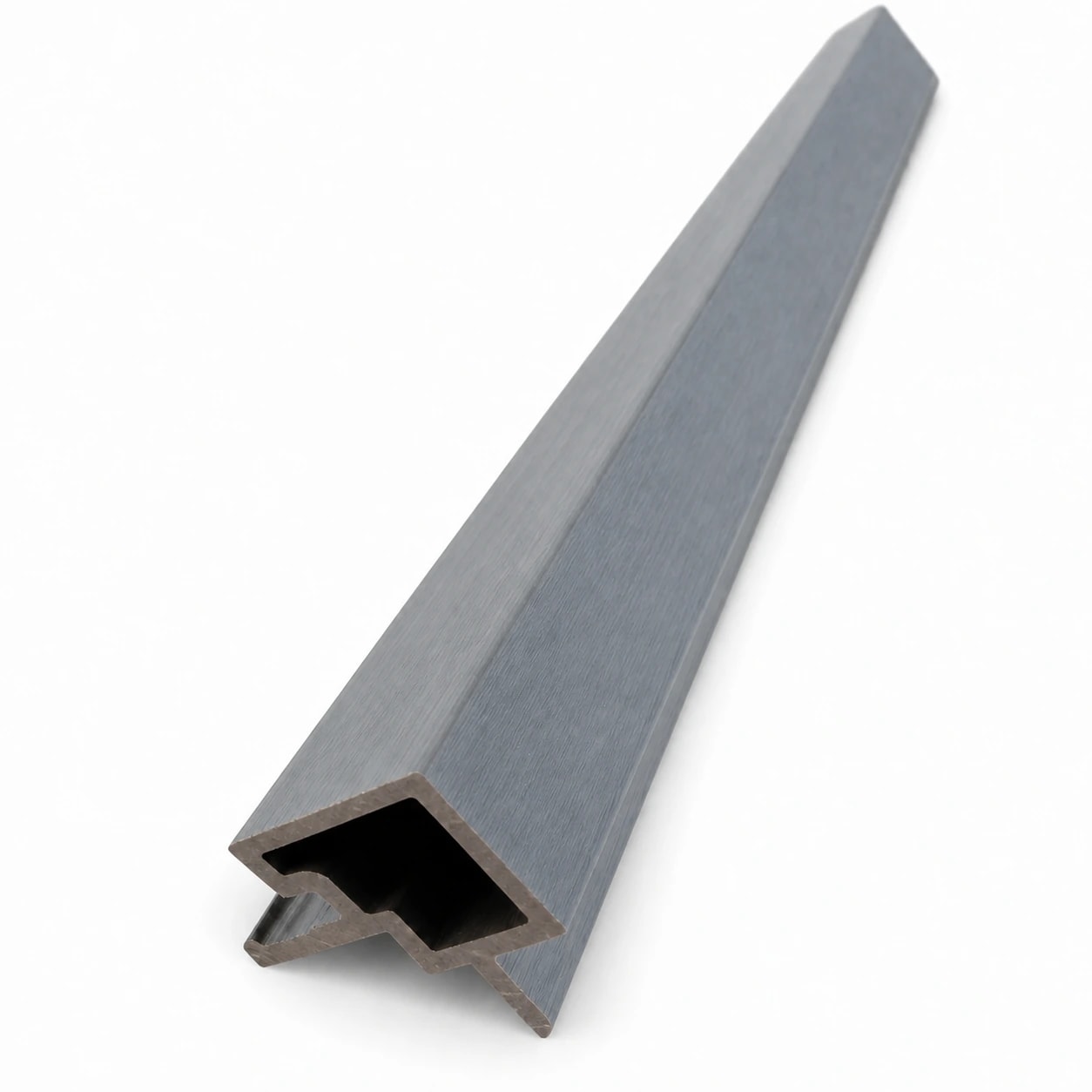 Gray composite outside corner trim with visible wood-grain surface and hollow profile