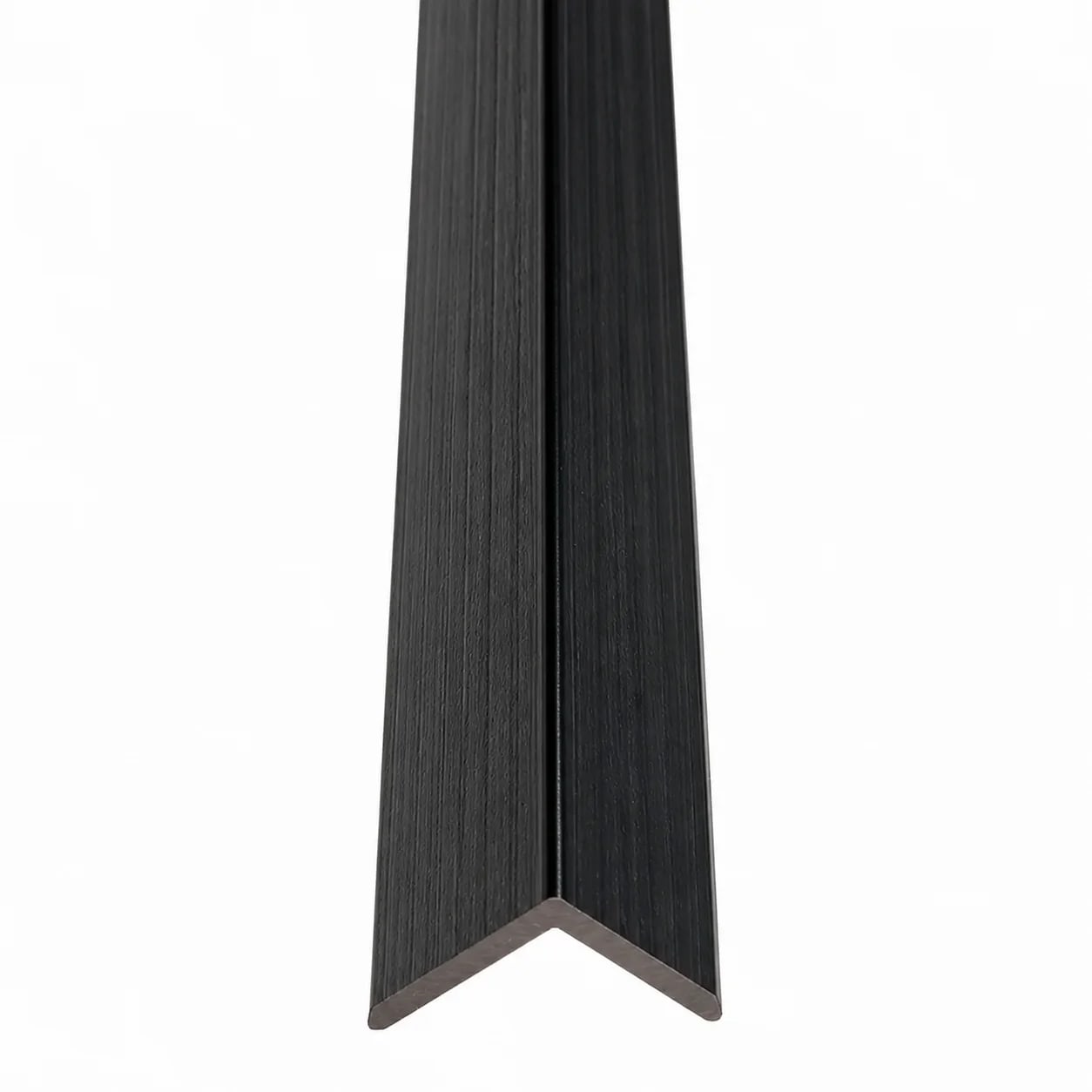 Black WPC L-angle corner trim with wood-grain finish and visible 90-degree profile