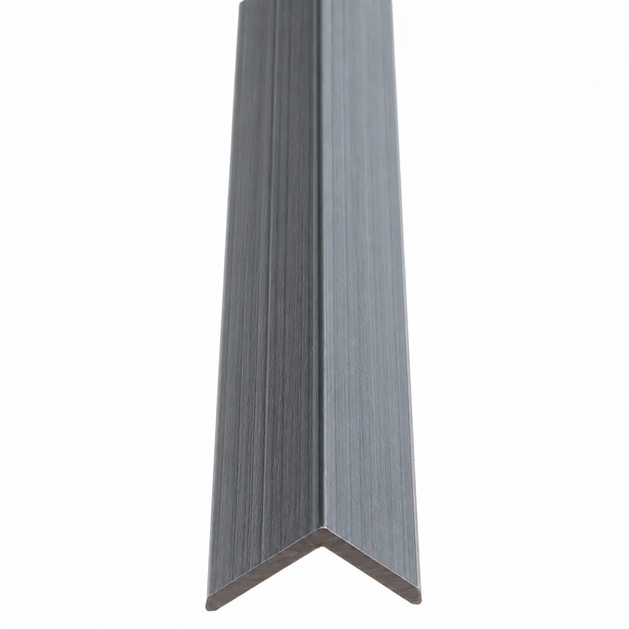 Gray WPC L-angle outside corner trim with wood-grain surface and visible 90-degree profile