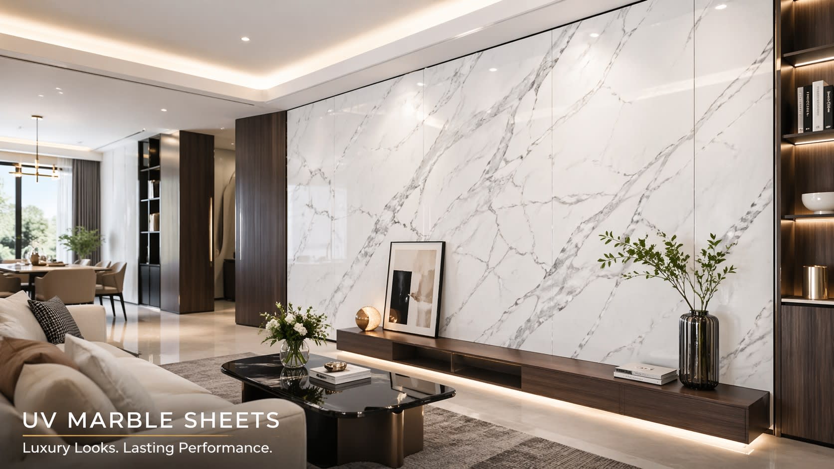 Modern living room with a glossy white UV marble sheets feature wall and elegant contemporary interior design.
