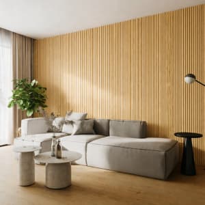 A minimalist interior featuring a tall vertical WPC radiator panel against a light-colored wall, alongside a green potted plant on a warm hardwood floor, evoking modern Scandinavian design and a sense of tranquility.