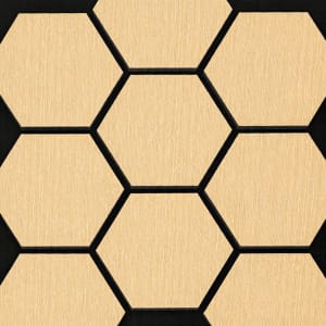 Repeating wpc wall panel hexagon honeycomb pattern with black grout and visible wood grain. A modern geometric background suitable for design, interior decor, architecture, packaging, seamless texture, and surface art.