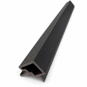 Black WPC outside corner trim with a black 3D wood-grain surface