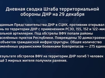 Дневная сводка Штаба территориальной обороны ДНР на 29 декабря 2022 года