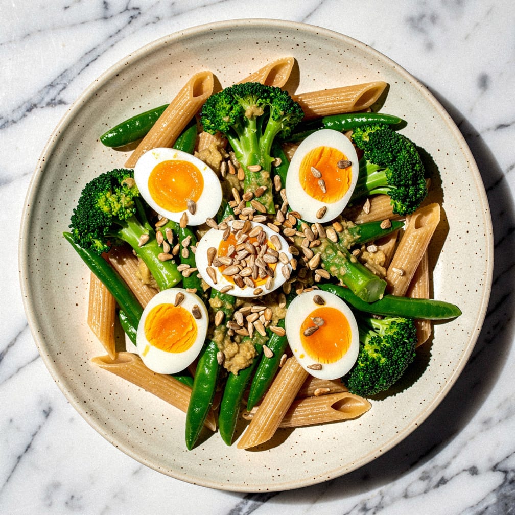Broccoli & egg pasta salad with miso dressing