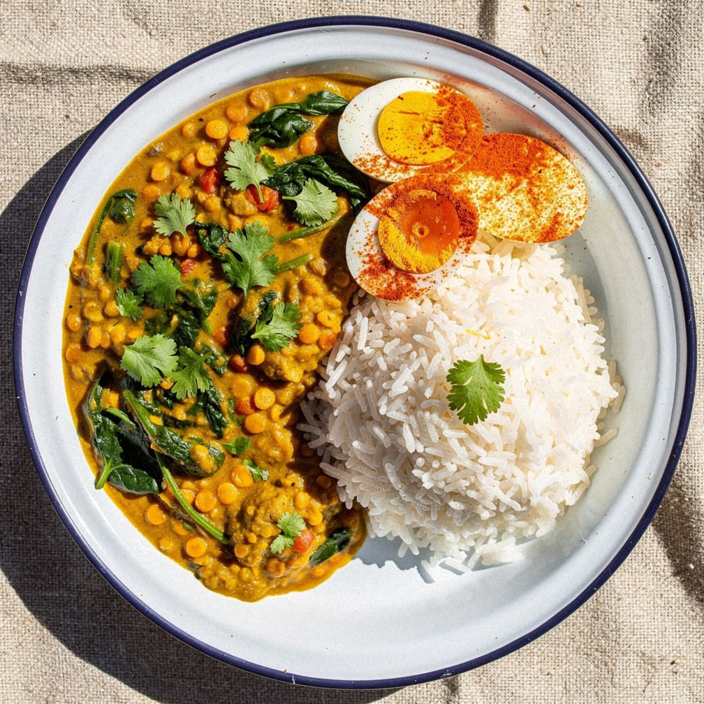 Crispy egg & red lentil curry