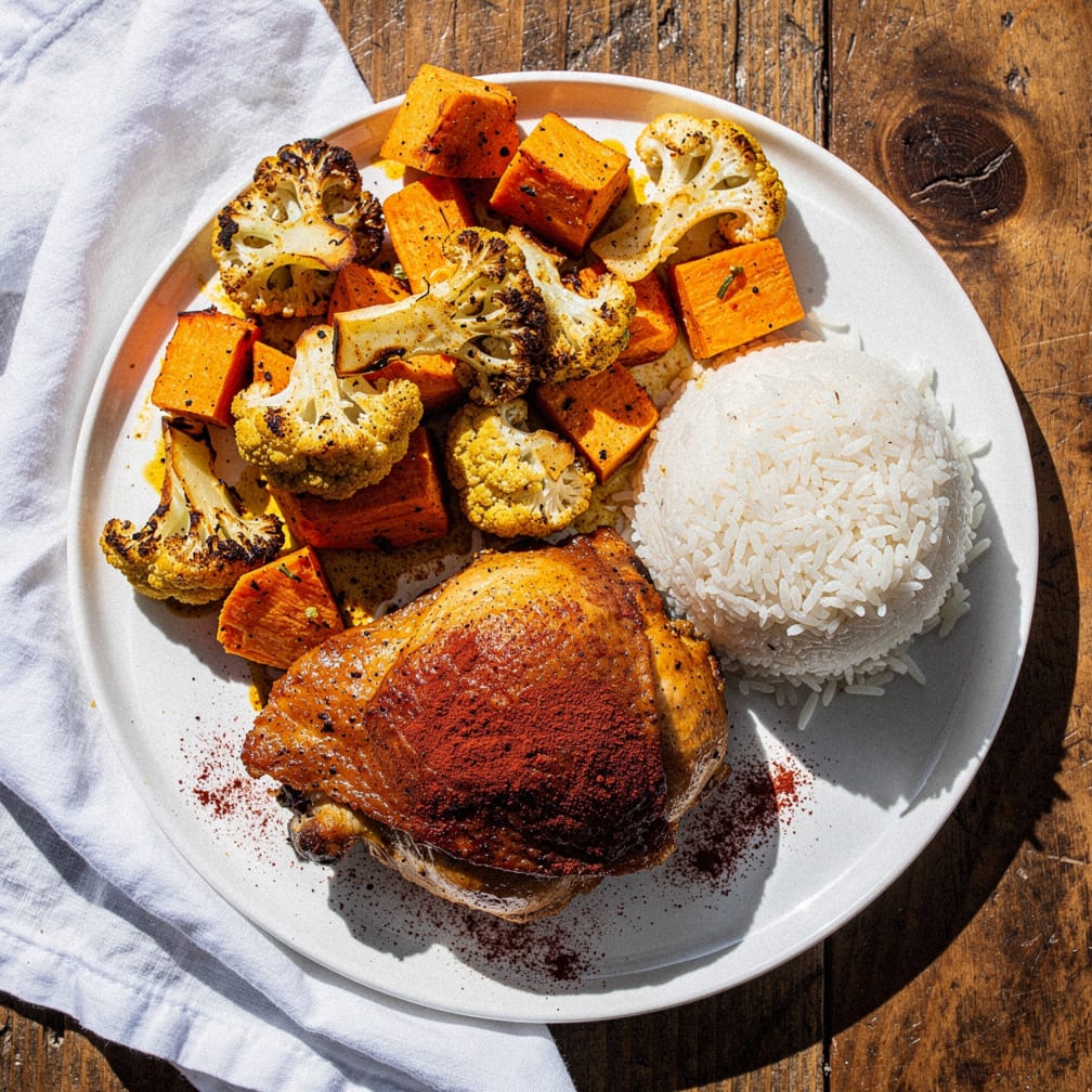 Curried chicken & sweet potato traybake