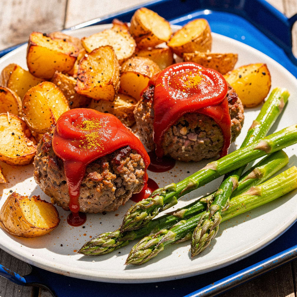 Mini glazed meatloaves with potatoes & asparagus