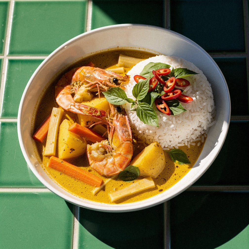 Yellow curry with prawns