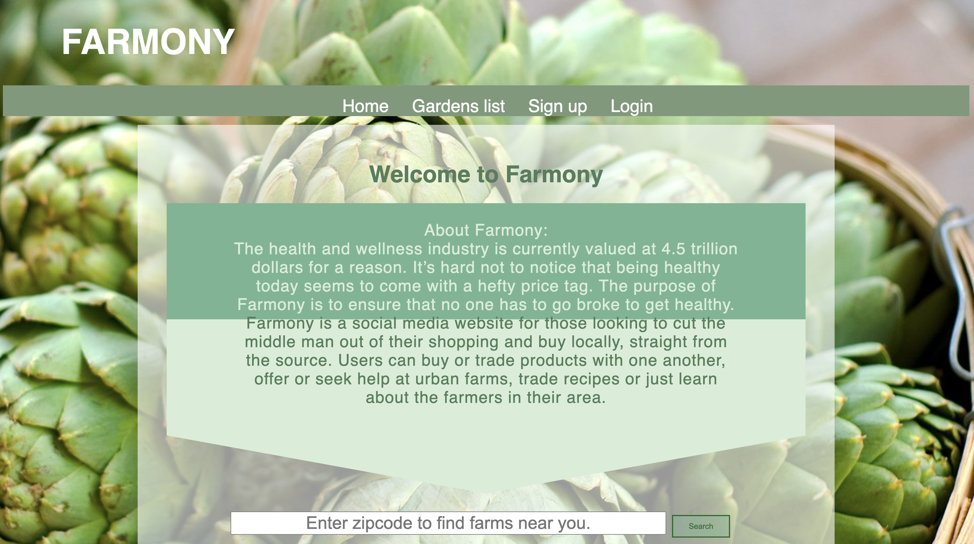 Frontpage for the webapp, Farmony