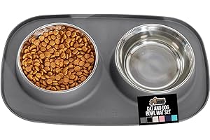 GORILLA GRIP Feeding Mat Bowl Set, 100% Waterproof BPA Free Silicone Base, 304 Stainless Steel Cat and Dog Bowls for Food and Water, Slip Resistant, High Edge, US Designed, Patent Pending, 2 Cup Gray product image