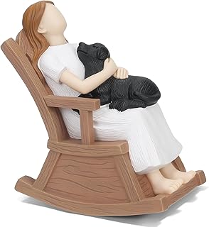 Dog Lover Gift Hand Painted Figurine - Girl & Loyal Black Dog on Rocking Chair, Cozy Home Decor Statue, Emotional Comfort Keepsake for Pet Lovers product image