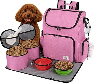 Modoker Dog Travel Bag Backpack, Airline Approved Pet Accessories Organizer for Dog and Cat with Shoulder Strap, 2 Dog Food Storage Containers, 2 Collapsible Dog Bowls,1 Pet Mat, Pink product image