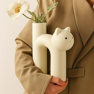 Cat Vase for Flowers, Ceramic Cat Decor for Home, Minimalist Flower Vase for Dried Flowers, Cat Lover Gifts for Women, Cat Mom Gifts, Cute Desk & Shelf Decor Boho, Creamy Beige product image