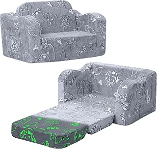 MeMoreCool Glowing Dog Print Kids Chair, 2-in-1 Foldable Kids Couch with Glow-in-the-Dark Design, Convertible Fold-Out Sofa Lounger for Playroom and Nursery, Washable Cover, Gift for Boys and Girls | Reading, Relaxing product image