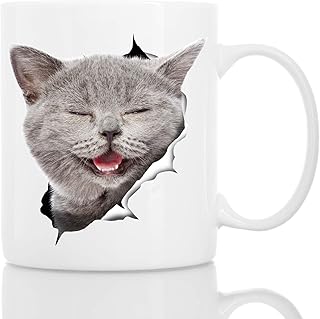 Laughing Grey Cat Coffee Mug - Ceramic Funny Coffee Mug - Perfect Cat Lover Gift - Cute Novelty Coffee Mug Present - Great Birthday or Christmas Surprise for Friend or Coworker, Men and Women (11oz) product image