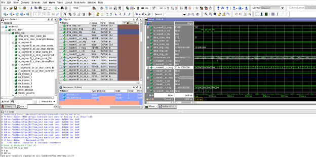 The picture is a screenshot showing a Verilog testbench that instantiates a SystemC DUT in a mixed language simulation within Questa.