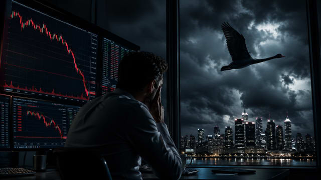 A lone trader sits in a dark room facing multiple screens showing a steep market crash, while outside a stormy night sky looms over a city skyline and a black swan flies across the clouds, symbolizing sudden, unpredictable disruption.