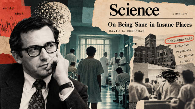 David Rosenhan’s 1973 psychiatric study On Being Sane in Insane Places, featuring a vintage Science journal cover, a psychiatric hospital corridor, and diagnostic labels exploring how institutions shape perceptions of sanity and mental illness.