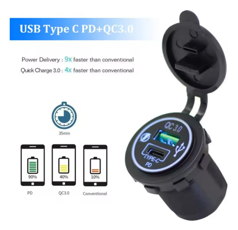 Cargador Toma Usb C Embutir Auto 12 24v Moto Nautico 4x4 3.0