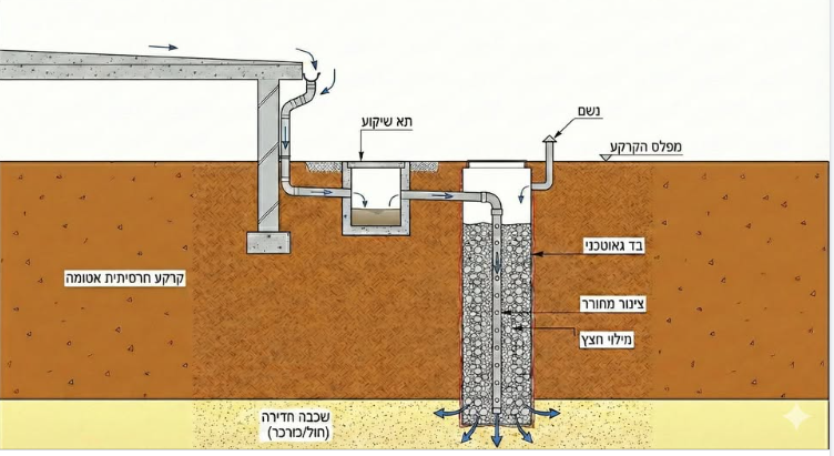 חתך הנדסי של שכבות מילוי בהיקף המבנה (קרקע תופחת)