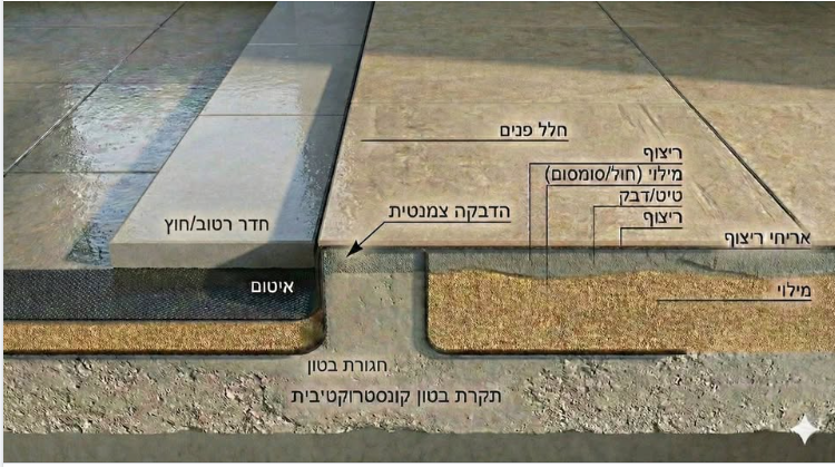 פרט תפר הפרדה – מבנה לשביל/ריצוף חוץ (קרקע תופחת)