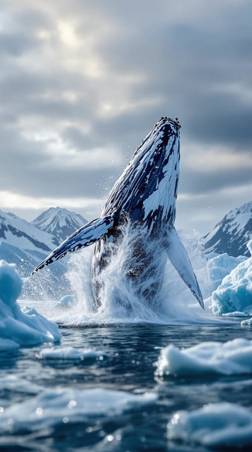 A humpback whale breaching between icebergs
