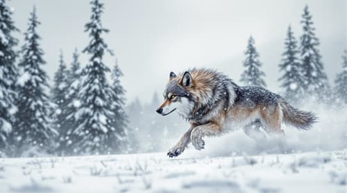A wolf running through snow past pine trees