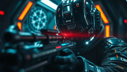 An armored figure aiming a rifle in red light