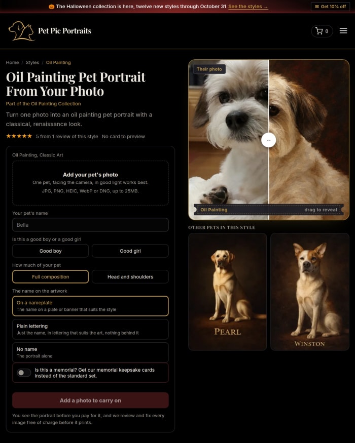 A style page, where you upload your pet's photo and see the portrait