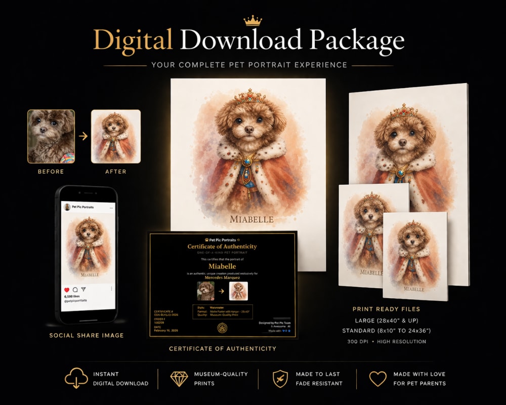Digital pet portrait package — high-res print files, framed versions, social share cards, transparent background, and certificate of authenticity