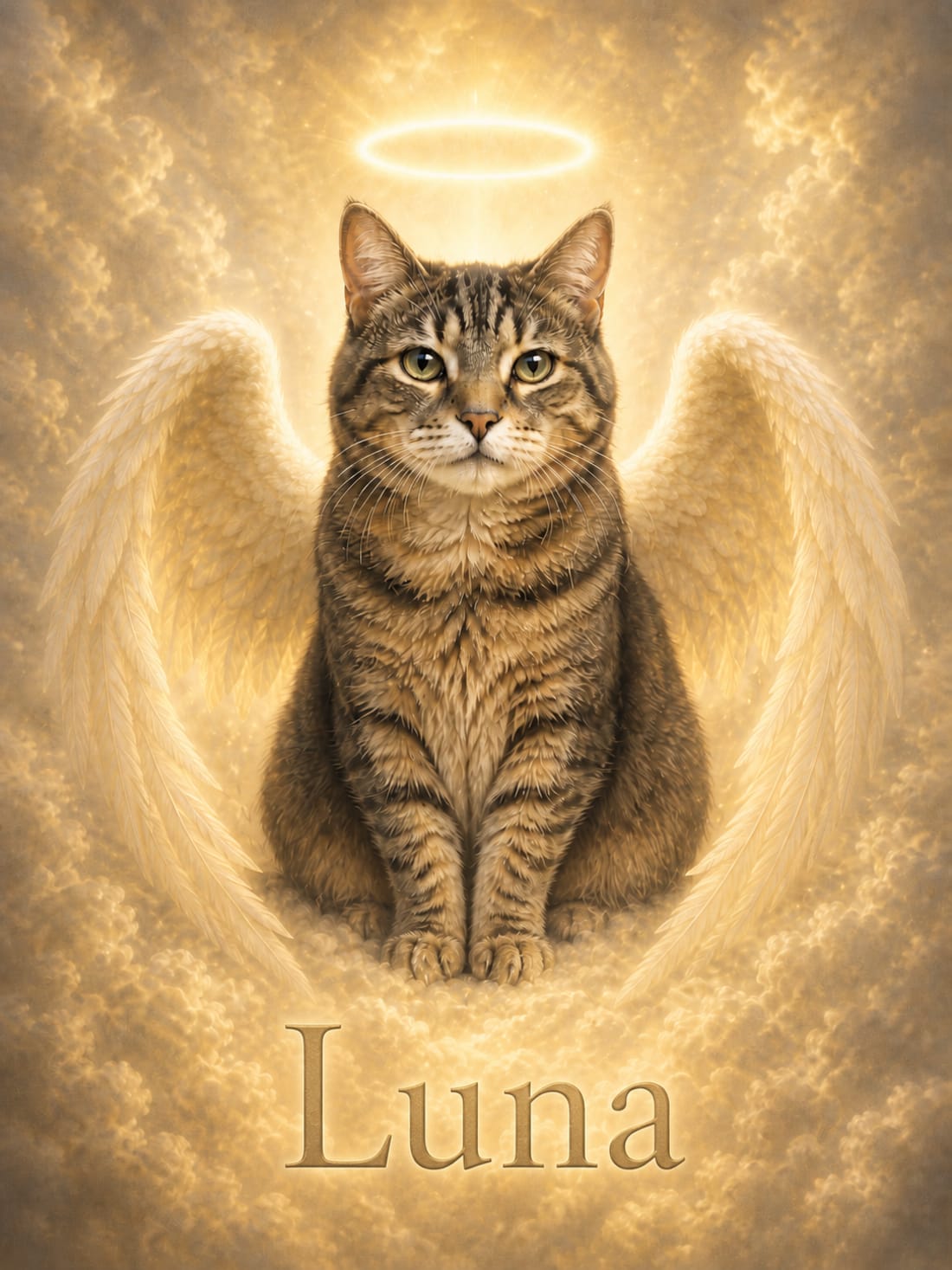 Memorial cat portrait — Pet Pic Portraits' Angel style, a tabby cat with halo and wings, the cat's name rendered in serif gold beneath
