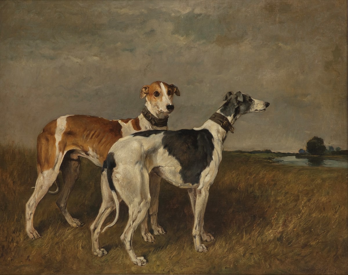 John Emms pack of foxhounds — horizontal kennel scene, multiple hounds at rest in the warm half-light, characteristic country-house composition