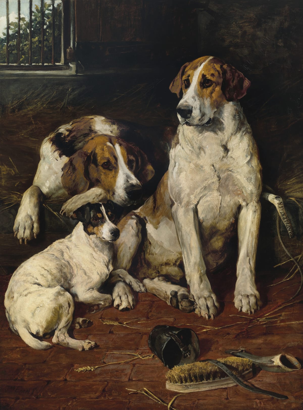Two Hounds and a Terrier in a Kennel by John Emms — oil on canvas, classic Emms warm kennel-light composition with foxhounds and a terrier at rest