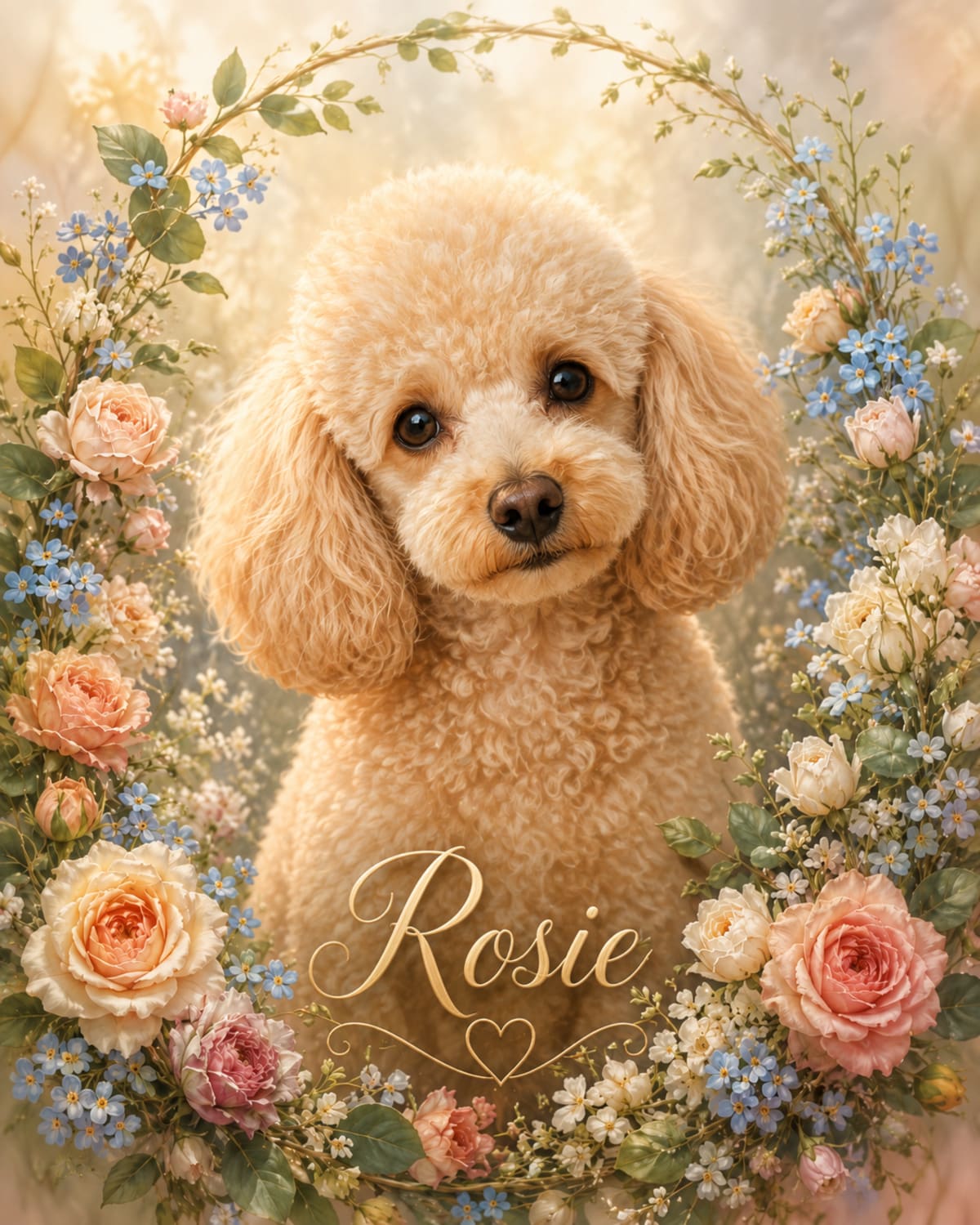 Soft memorial portrait of a poodle surrounded by gentle pale blooms