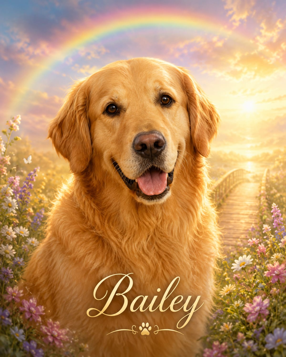 Rainbow bridge memorial pet portrait of a Golden Retriever