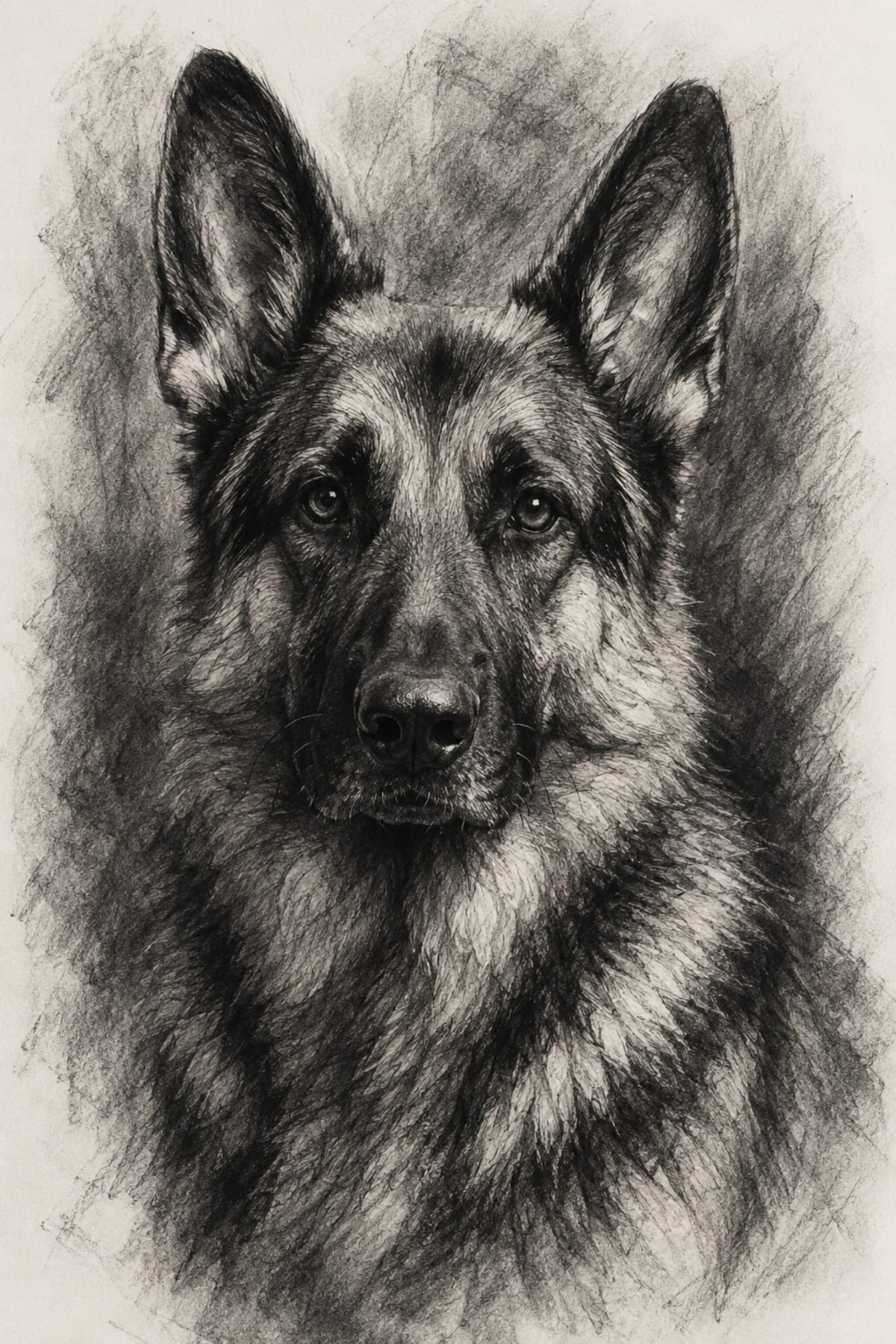 Charcoal sketch pet portrait of a German Shepherd